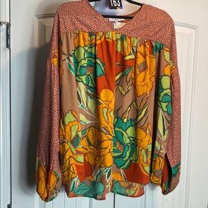Vibrant Orange and Yellow Long Sleeve Graphic Blouse